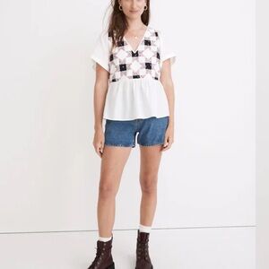 Madewell White Blouse with Black Pattern
